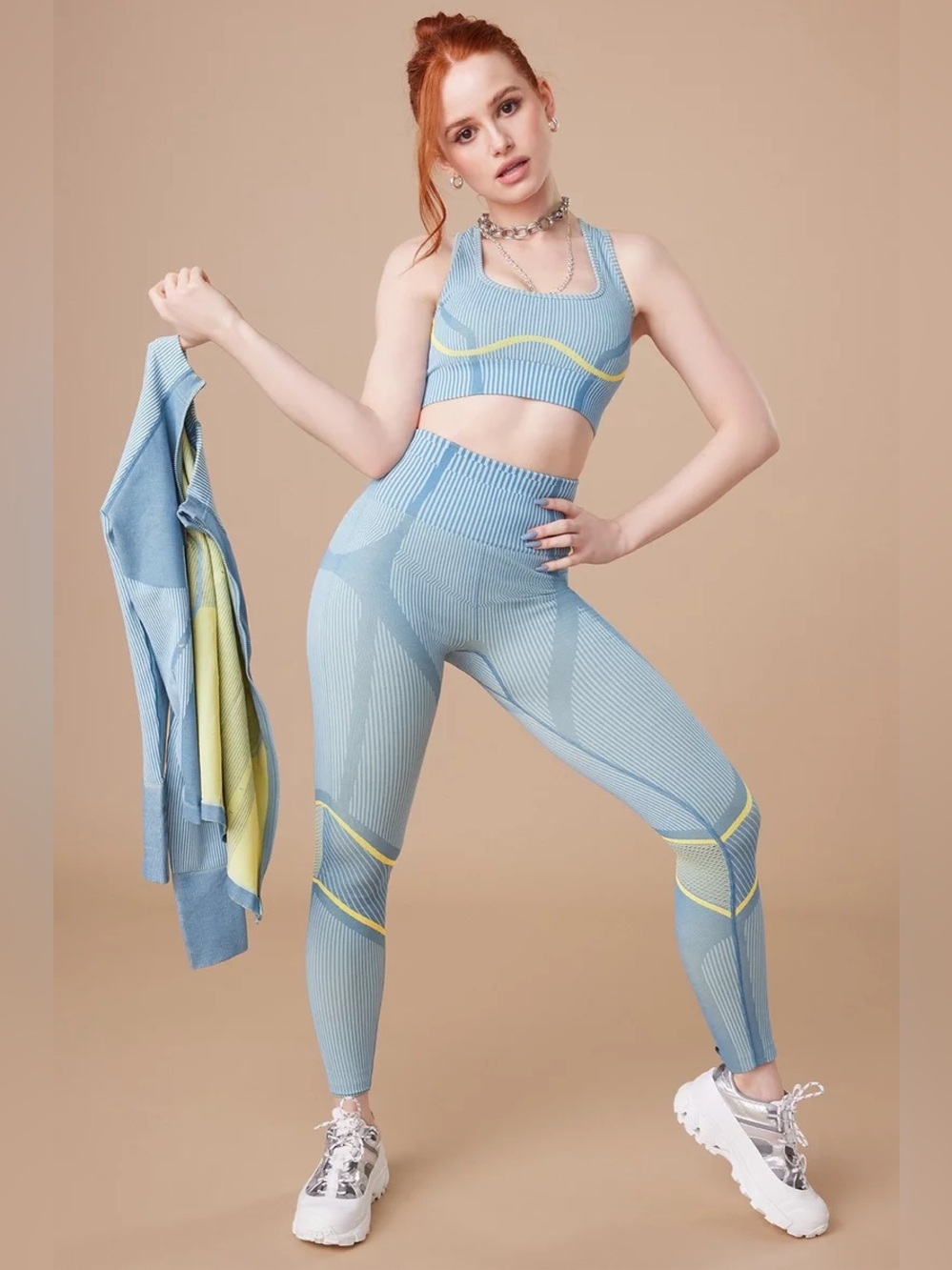 ✨ Fabletics 2-Piece Seamless Ribbed Activewear Set – Light Blue & Yellow Accent